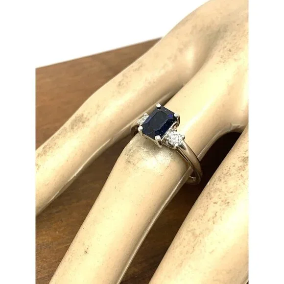 Emerald Cut Blue Gemstone Diamond Engagement Cocktail Ring 14k Gold Women's SZ 7